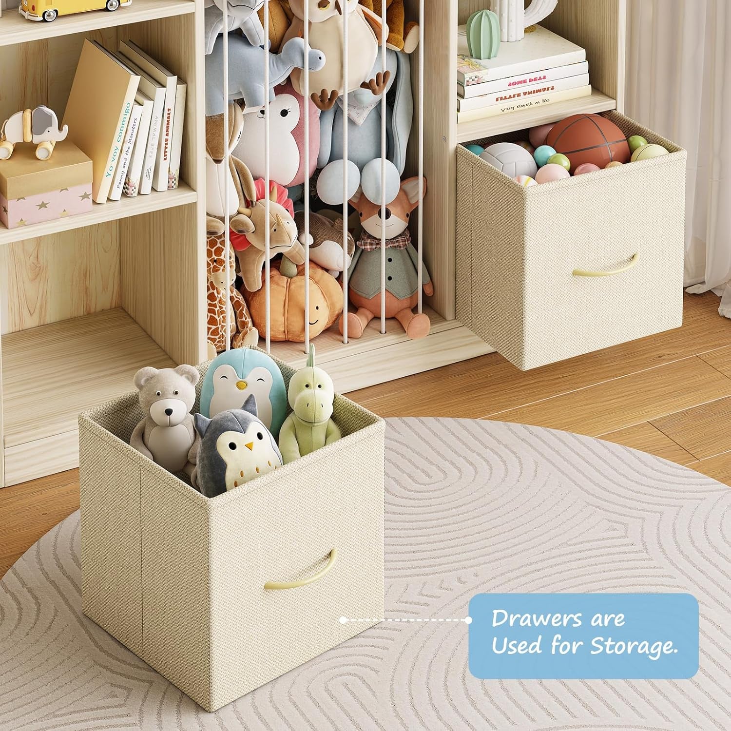 Toy Storage Organizer with Stuffed Animal Storage, Wooden Toy Organizer & Stuffed Animal Zoo, 6 Cubes Shelf with Removable Drawers, 4 -In-1 Book Shelf for Kids Room, Playroom, Nursery