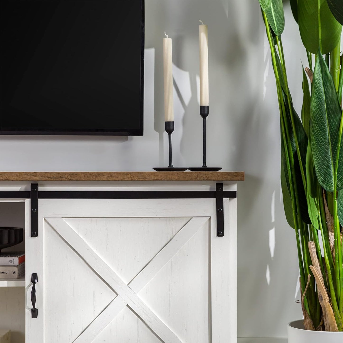 Corbin Modern Farmhouse Sliding X Barn Door TV Stand for Tvs up to 80 Inches, 70 Inch, Reclaimed Barnwood and Brushed White