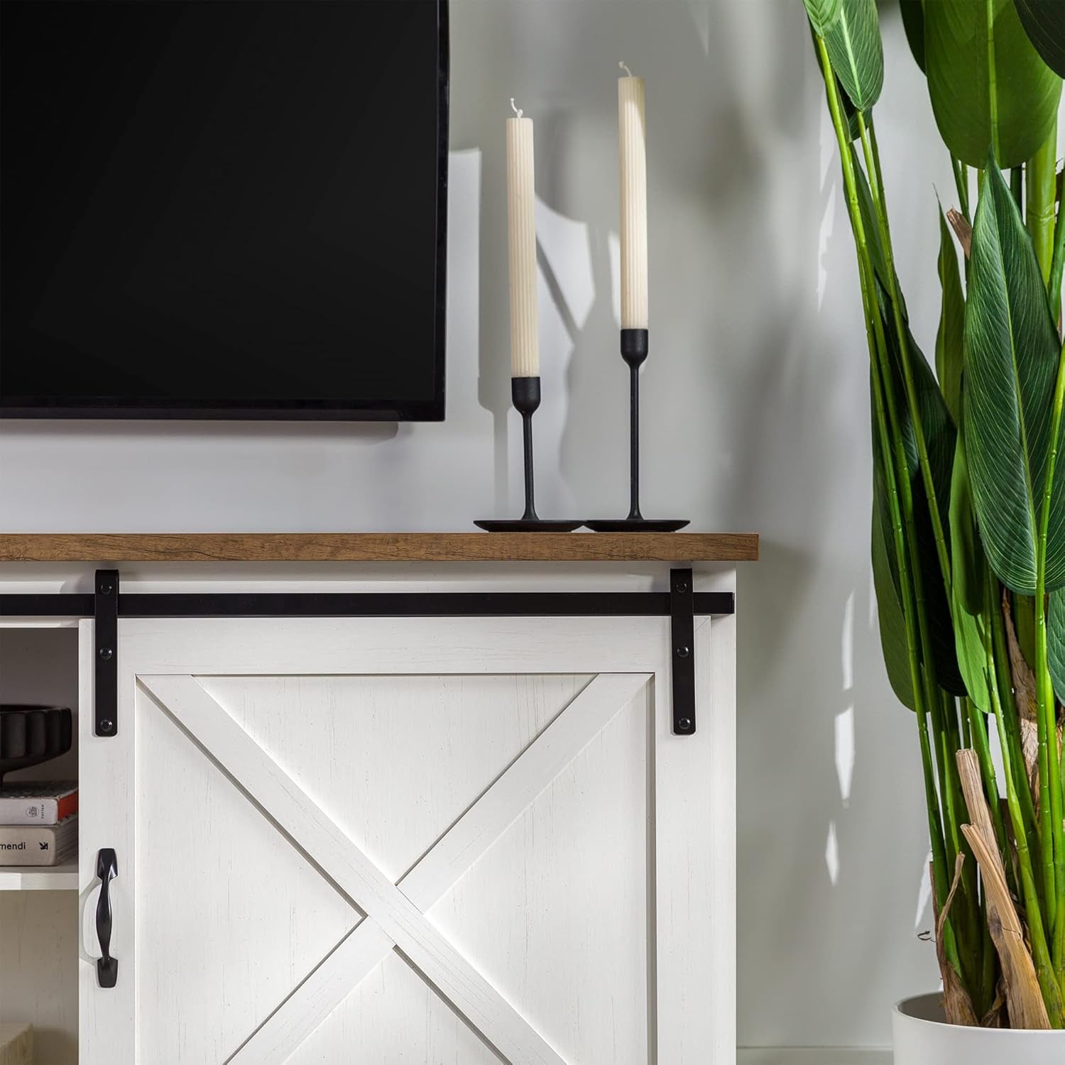 Corbin Modern Farmhouse Sliding X Barn Door TV Stand for Tvs up to 80 Inches, 70 Inch, Reclaimed Barnwood and Brushed White