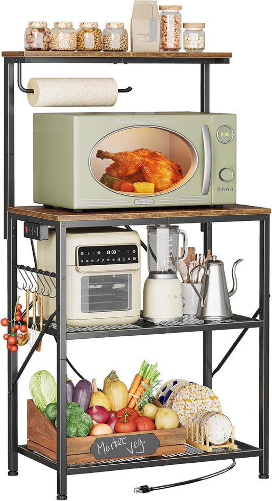 4-Tier Bakers Rack with Reversible Power Outlet, 23.6 Inch Microwave Stand, Kitchen Coffee Bar, with Top Shelf, 6 S Hooks, Rustic Brown