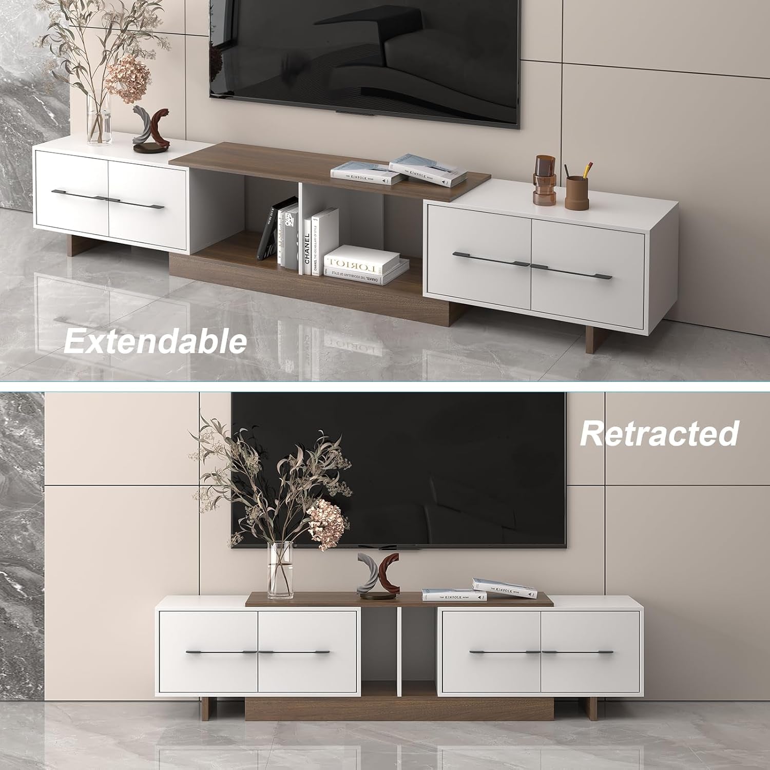 Extendable TV Stand, Modern TV Console for up to 120 Inch TV, Entertainment Center with 4 Large Drawers & Open Shelf, Media Console for Living Room - White & Walnut (Extendable 74.80"-102.36")
