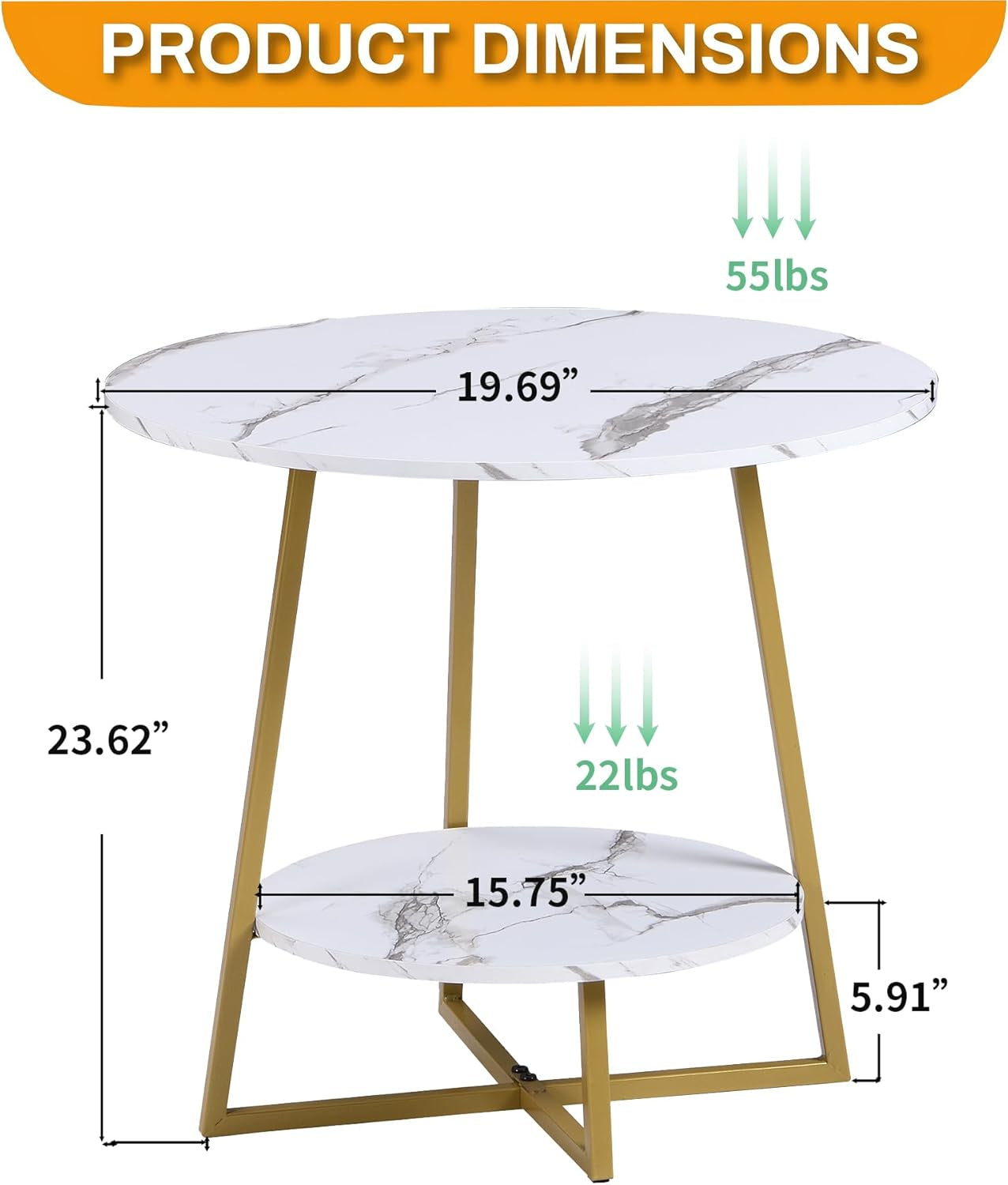 20" Living Room Side Table for Small Spaces, 2 Tier Wood Top round End Tables with Storage Shelf, Accent Sofa Table for Bedroom, Office, Sunroom, Balcony, White Faux Marble/Gold