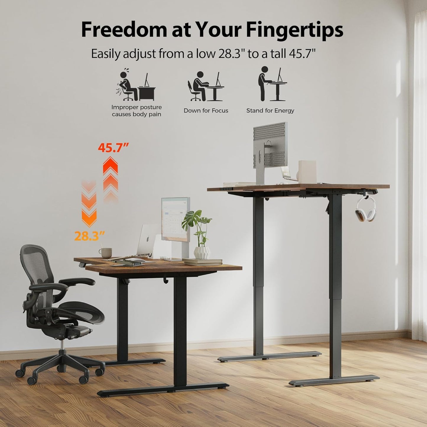 Electric Standing Desk, Height Adjustable Desk, 55 X 32 Inch Sit Stand up for Work Office Home, L Shaped Ergonomic Rising Computer Table with Memory Preset, Rustic Brown
