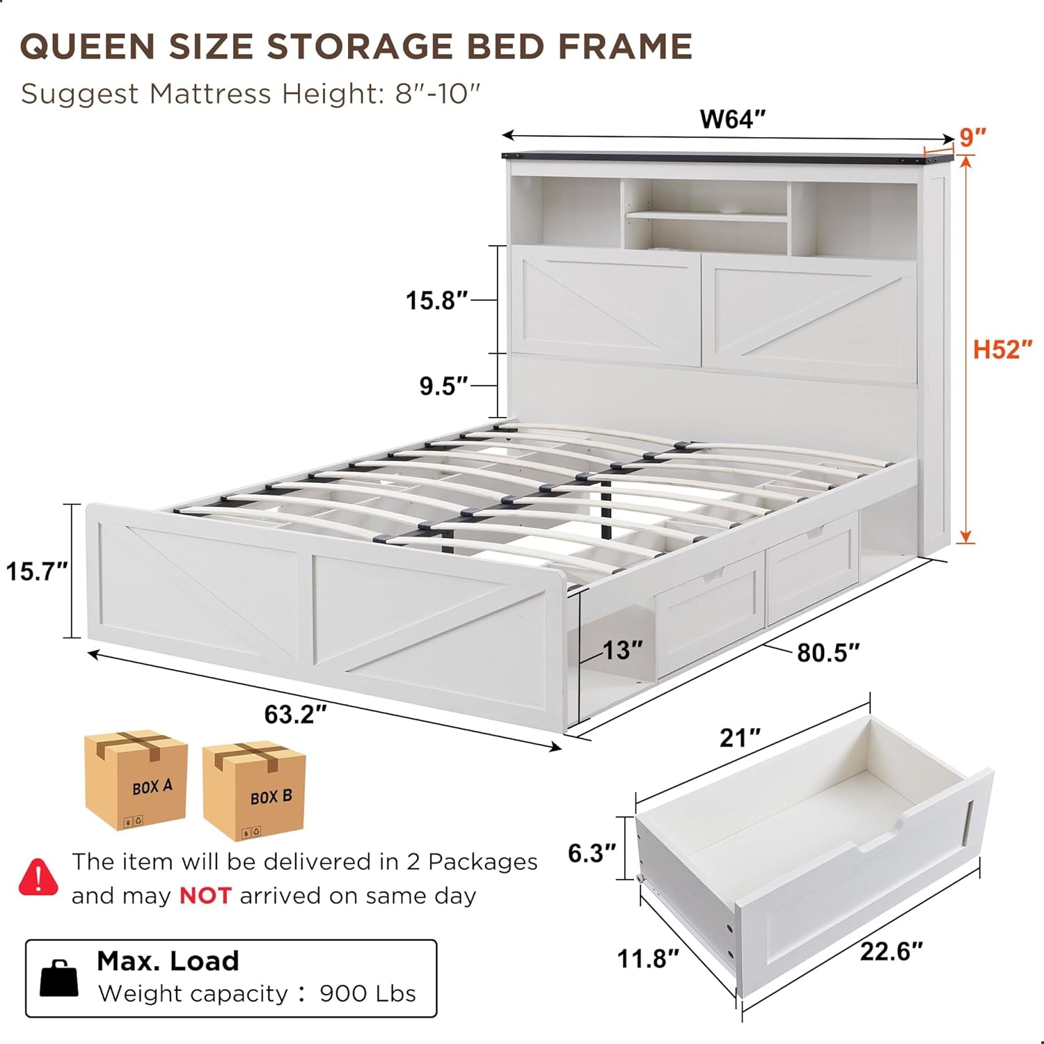 Queen Bed Frame Farmhouse with 52" Storage Bookcase Headboard, 4 Drawers Wooden Bed Frame, LED Light, Charging Station - White