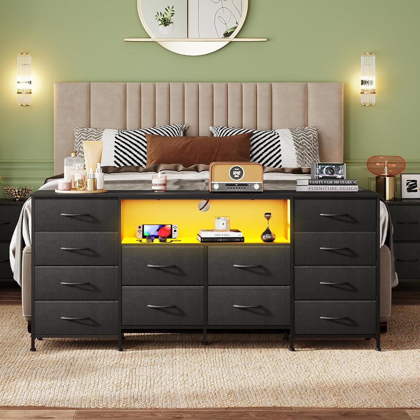 12 Drawer Dresser for Bedroom, Black Dresser TV Stand for 65, 70, 75 Inch TV with Led Light & Charging Station, Wide Chest of Drawers with Open Shelves, Fabric Dressers for Closet, Living Room