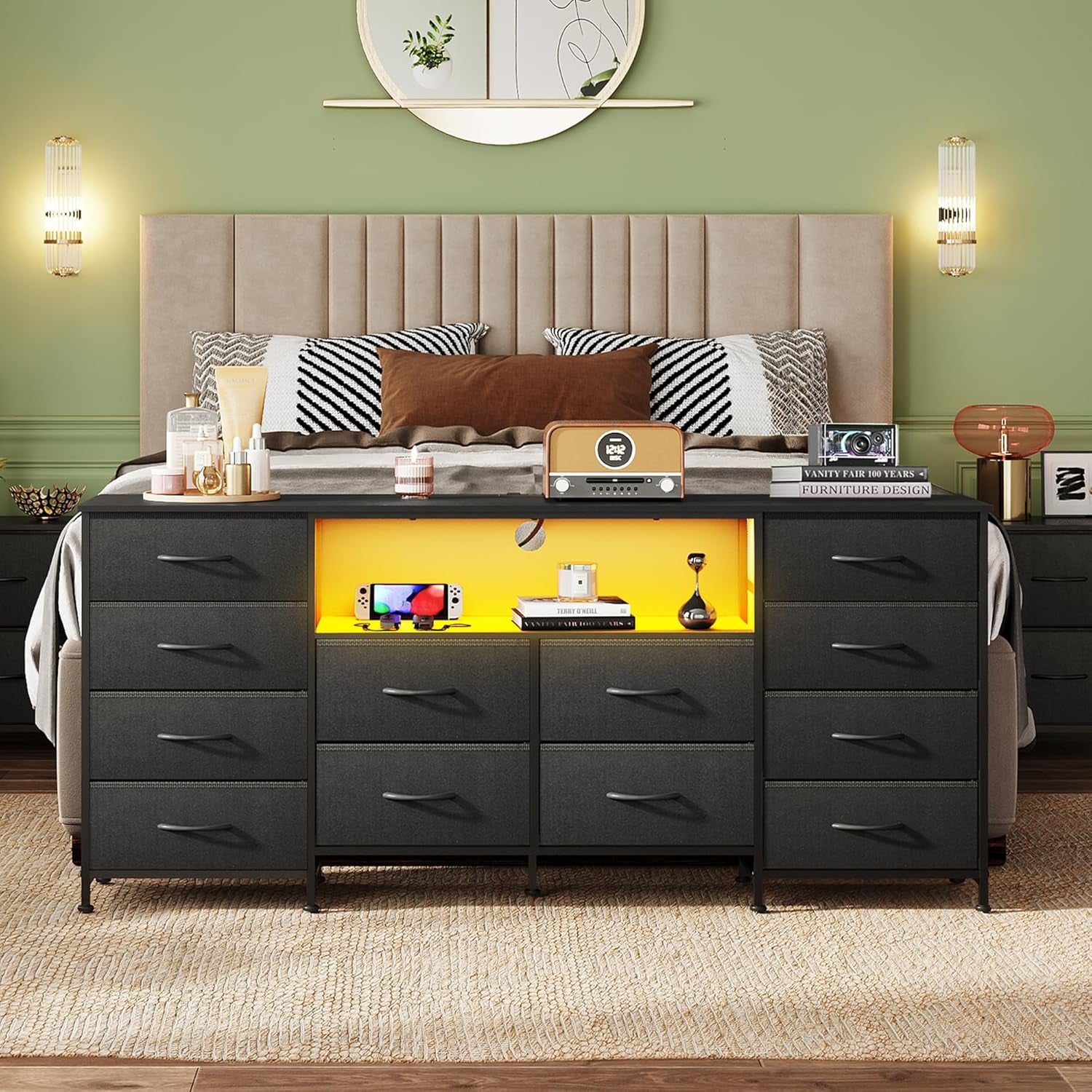 12 Drawer Dresser for Bedroom, Black Dresser TV Stand for 65, 70, 75 Inch TV with Led Light & Charging Station, Wide Chest of Drawers with Open Shelves, Fabric Dressers for Closet, Living Room