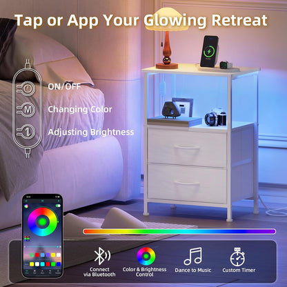 White Nightstand with Charging Station and LED Light for Bedroom, 2 Drawers Dresser with Fabric Bins for Bedside Kids Dorm Room Closet Laundry Entryway, White Leather