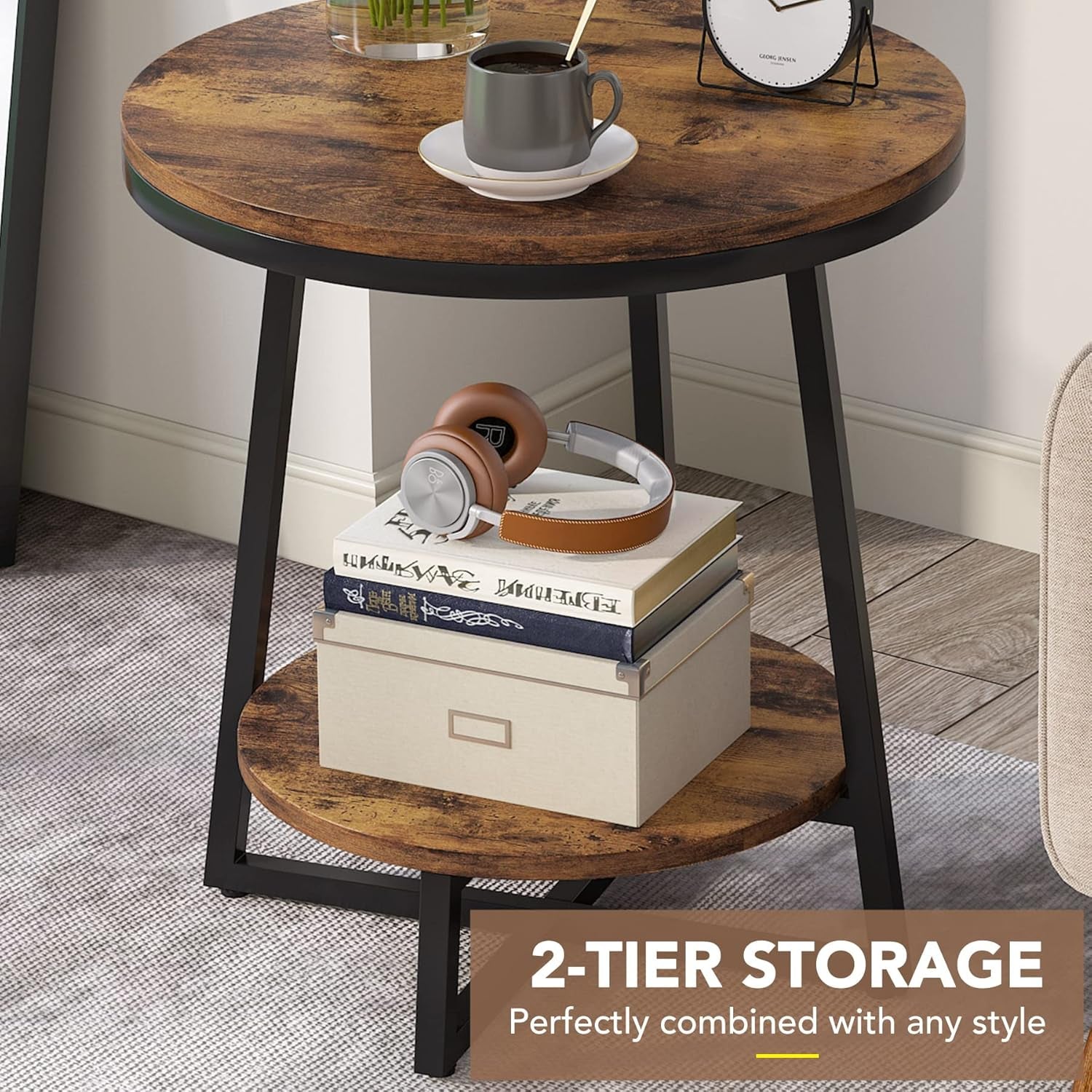 End Table, 2 Tier round Side Table with Storage Shelf, Industrial Nightstand Bedside Table Coffee Accent Table for Living Room Bedroom Small Space, Rustic Brown
