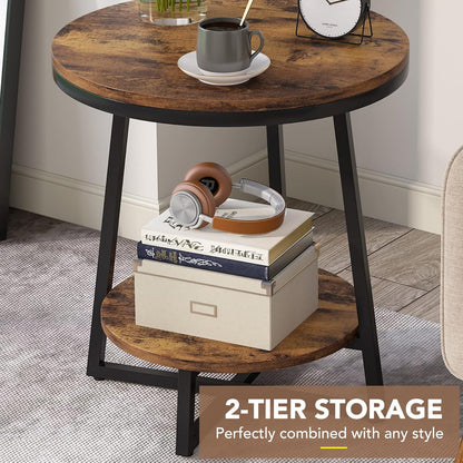 End Table, 2 Tier round Side Table with Storage Shelf, Industrial Nightstand Bedside Table Coffee Accent Table for Living Room Bedroom Small Space, Rustic Brown