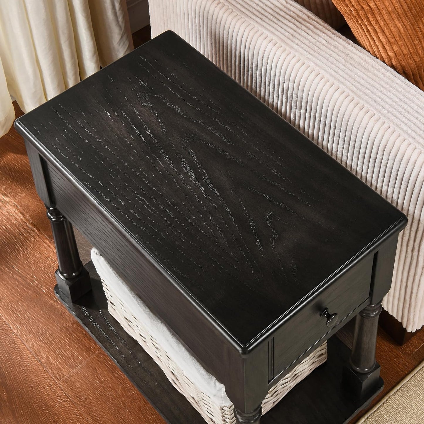 Solid Wood End Table Narrow Side Table with Drawer, Cherry Wood End Table Living Room, 13" W Slim Bedside Table Small Nightstand, 22" D X 22.7" H, No-Tools Assembly, Rustic Black BBJ-004-BK