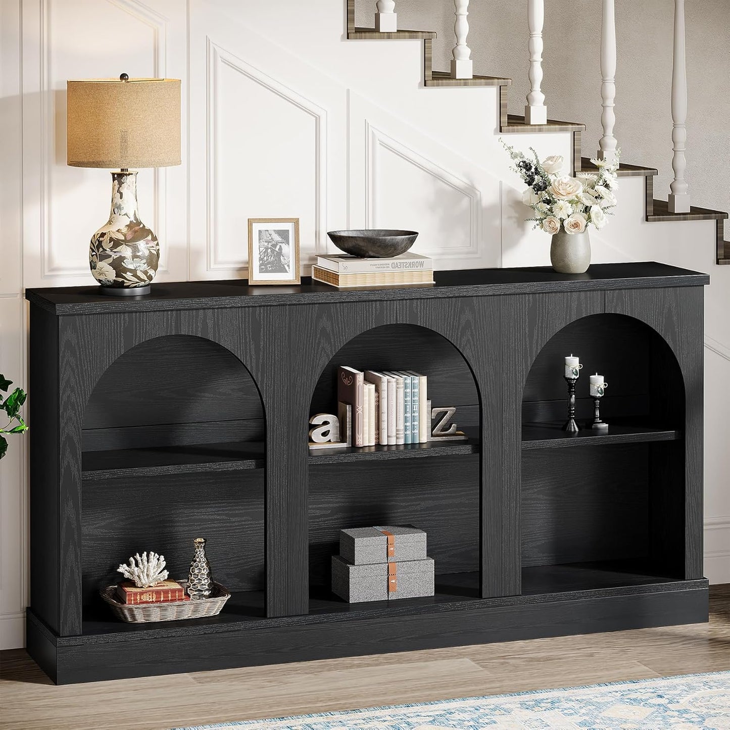 Farmhouse Console Table, 63-Inch Long Entryway Table with 3 Tier Storage, Wooden Rectangular Sofa Table behind the Couch for Entrance, Hallway, Living Room, Black