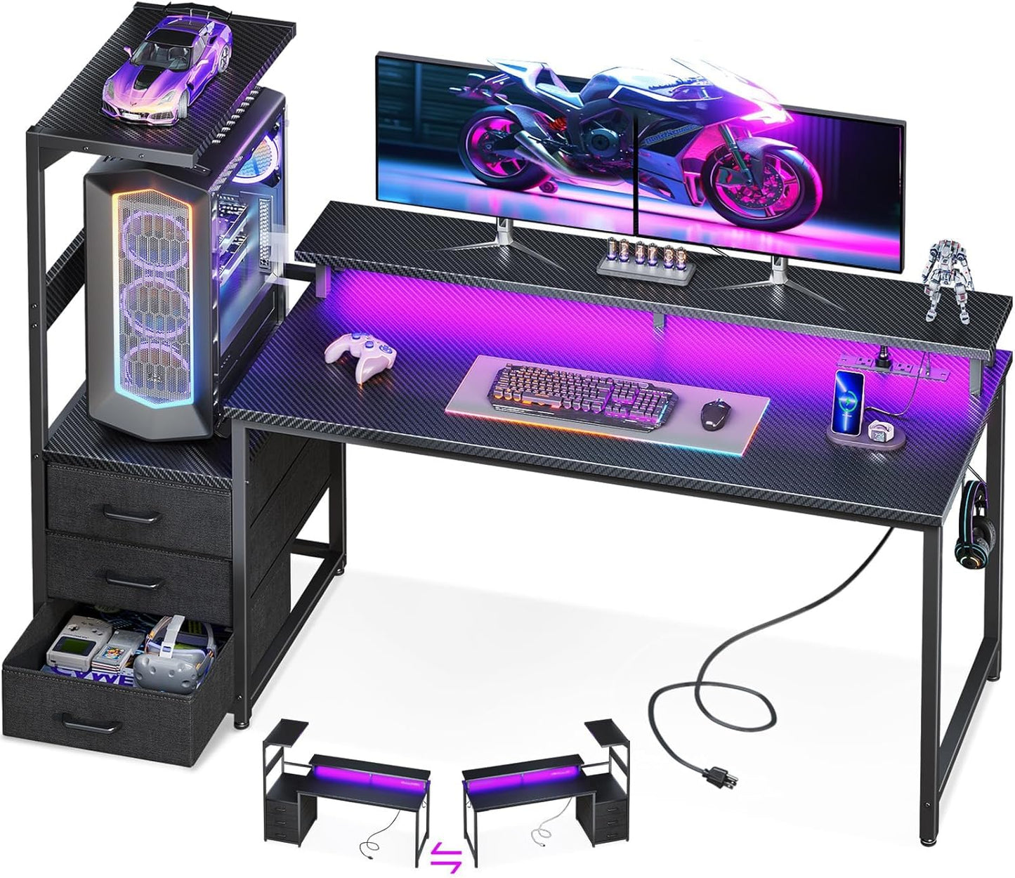 59 Inch Gaming Desk with USB Charging Ports & LED Light- Reversible Computer Desk with Storage Shelves & Monitor Stand, Modern Gamer Desk Table with Fabric Drawers & Side Hook, Carbon Fiber Black