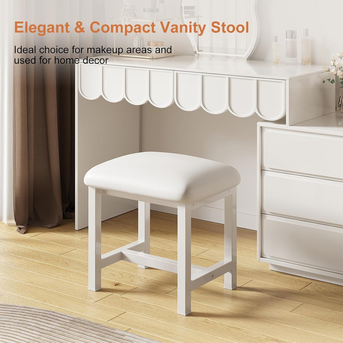 White Vanity Stool, Small Vanity Chair, Cute Makeup Bench Seat with Leather Cushioned, Desk Stools for Bedroom, Bathroom, Entryway, Living Room, Office