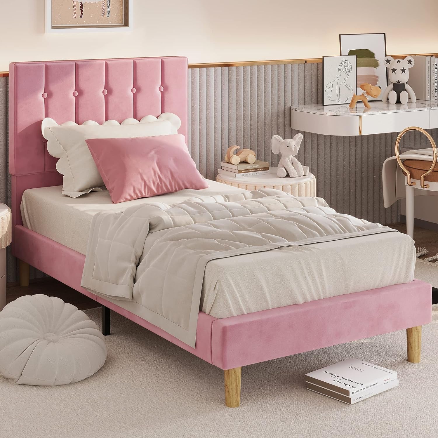 Twin Bed Frames, Velvet Upholstered Platform Bed Frame with Headboard and Strong Wooden Slats, No Box Spring Needed/Noise-Free/Easy Assembly, Pink