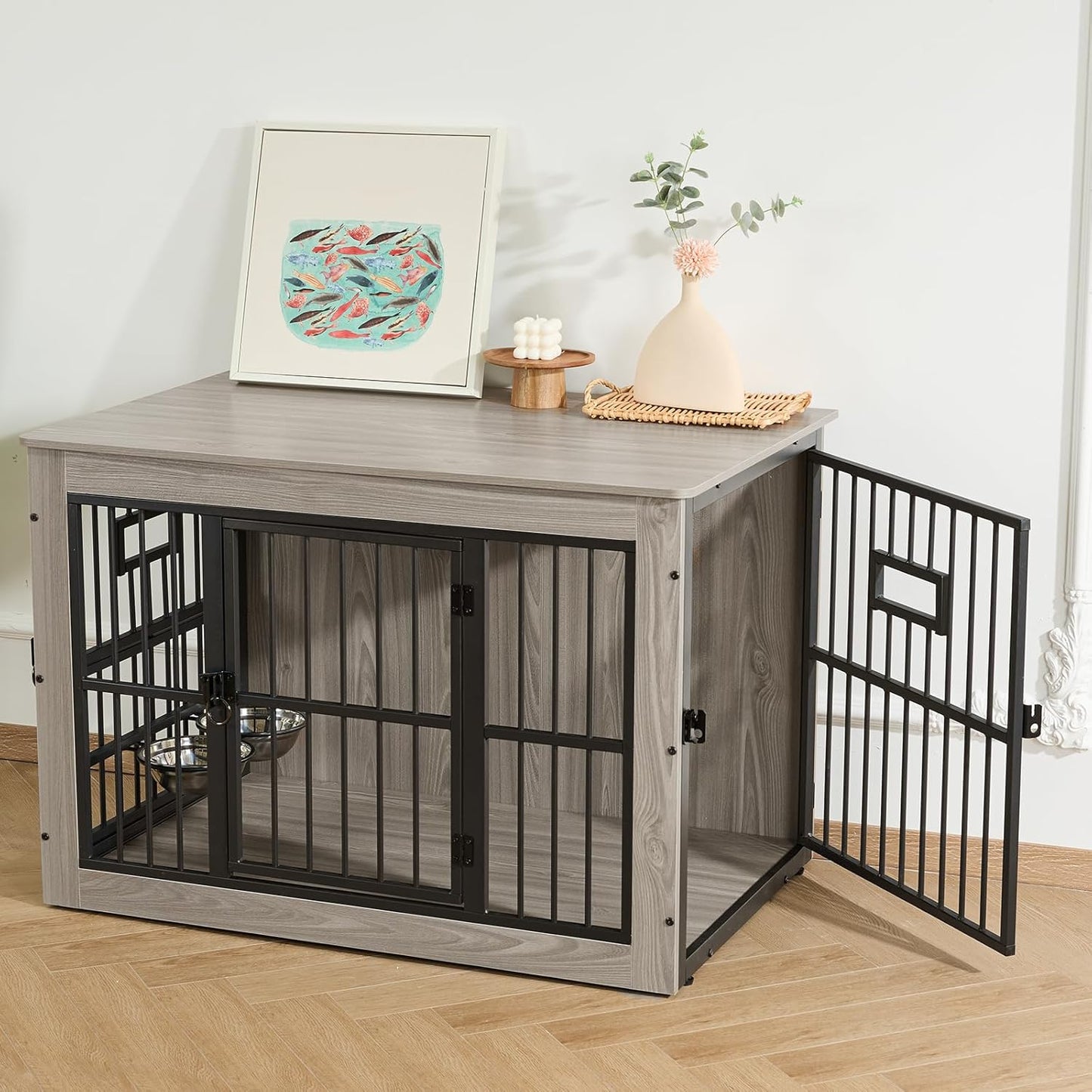 Dog Crate Furniture for Medium Dogs, 38.8 Inch Dog Kennel Indoor, Wooden Dog Cage End Table with 2 Removable Bowls, Heavy Duty Dog Crate, Rustic Grey