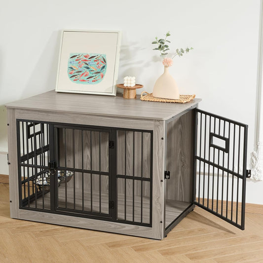 Dog Crate Furniture for Medium Dogs, 38.8 Inch Dog Kennel Indoor, Wooden Dog Cage End Table with 2 Removable Bowls, Heavy Duty Dog Crate, Rustic Grey