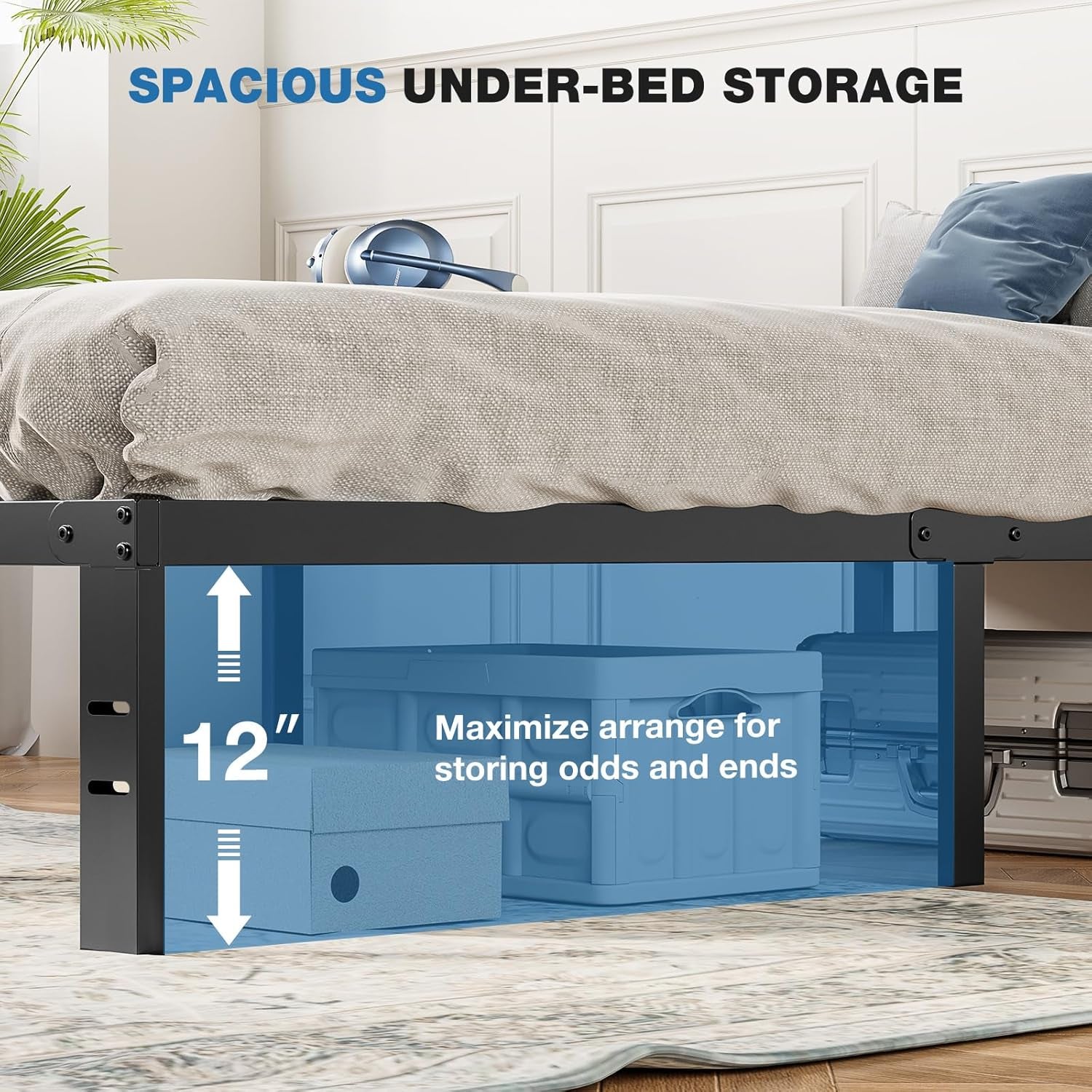 Metal King Bed Frame - 14In High with Storage Space, No Box Spring Needed with Sturdy Steel Slat Support, 2200LBS Heavy Duty for Easy Assembly, Black for Bedroom