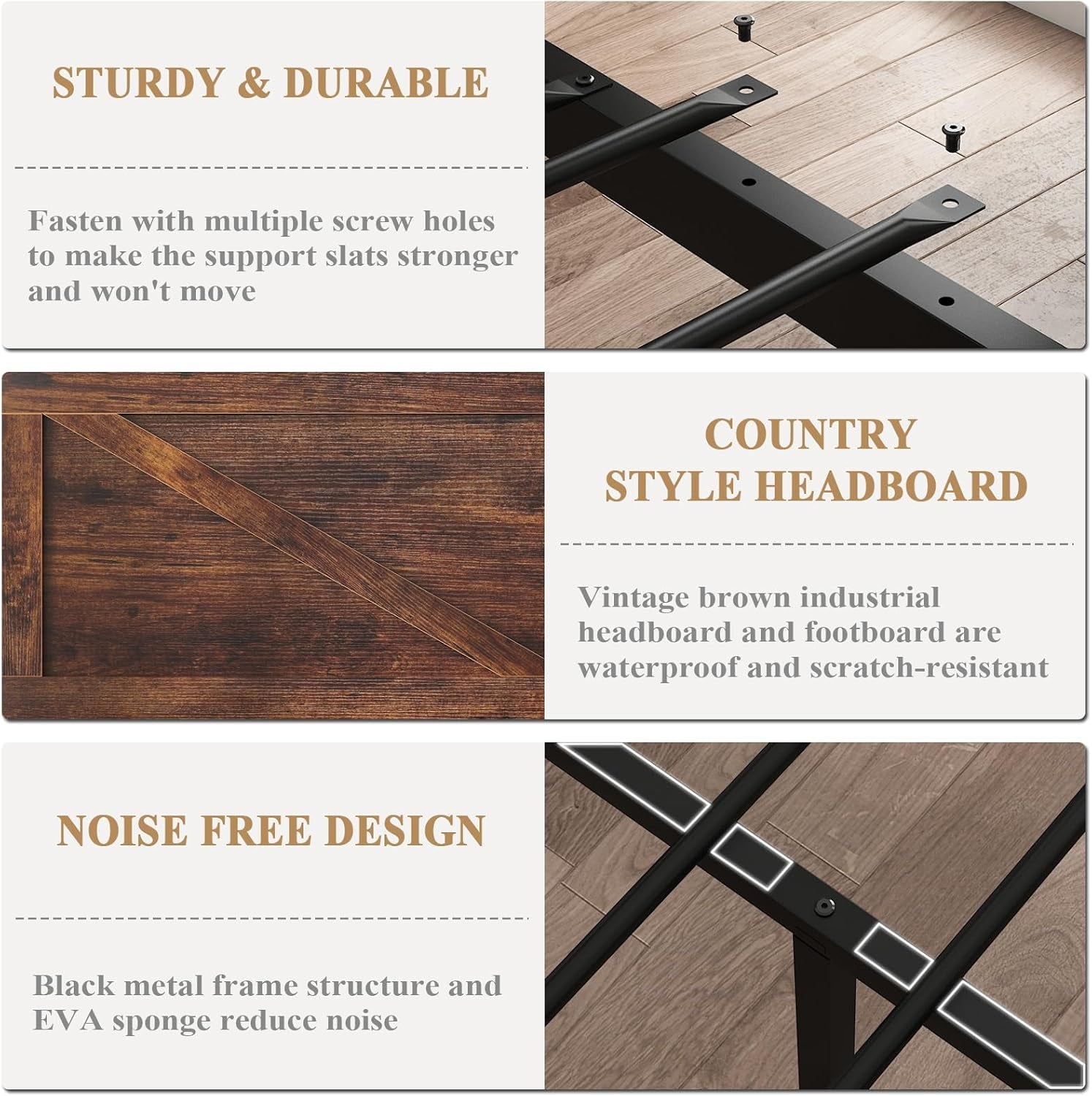 Led Bed Frame King Size with Charging Station, Industrial Platform Bed Frame with Rustic Barn Door Wood Headboard, Strong Metal Slats Support, Noise Free, No Box Spring Needed, Brown