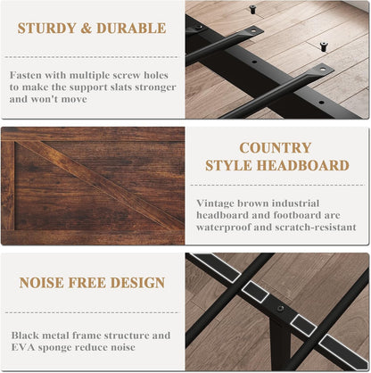 Led Bed Frame King Size with Charging Station, Industrial Platform Bed Frame with Rustic Barn Door Wood Headboard, Strong Metal Slats Support, Noise Free, No Box Spring Needed, Brown
