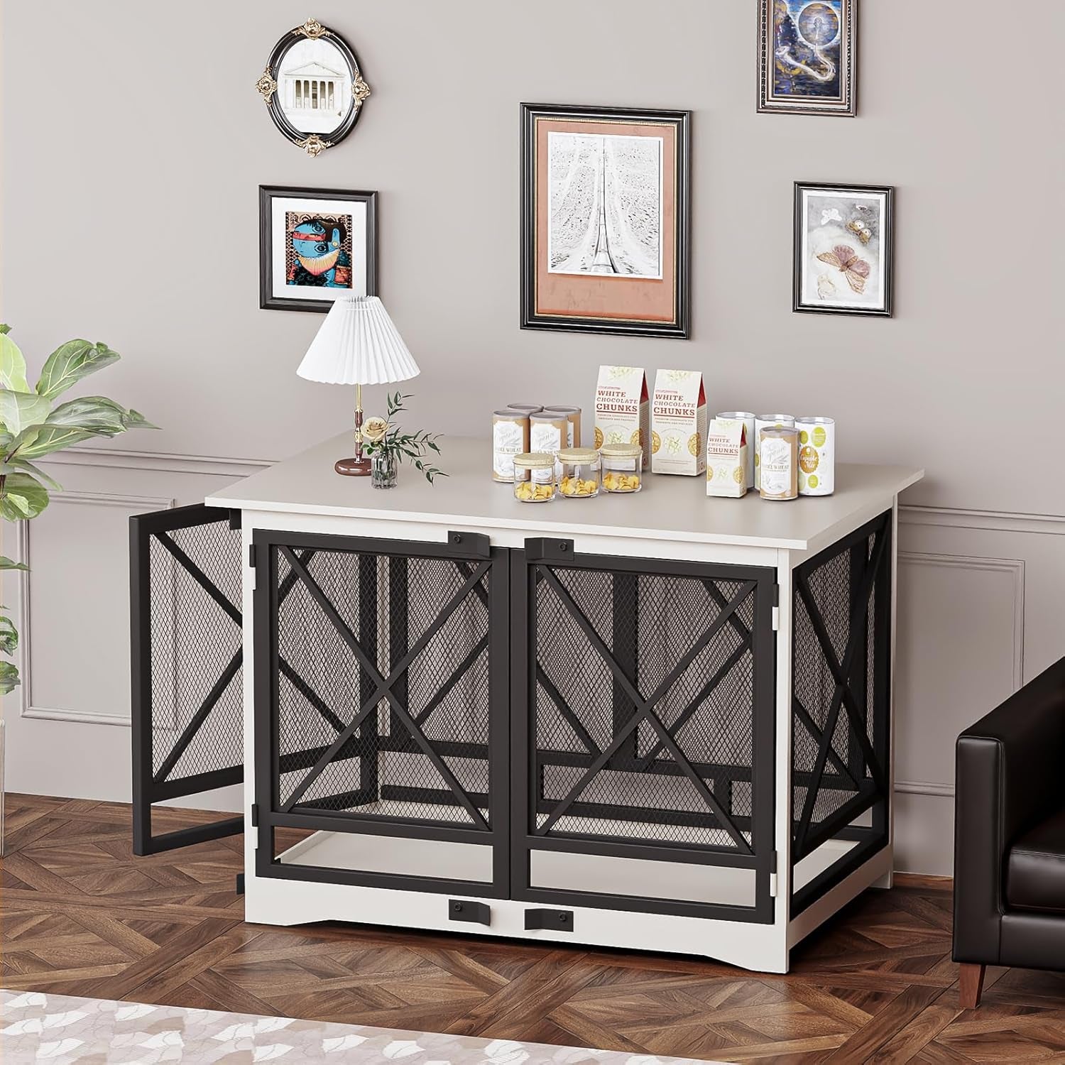 Large Dog Crate Furniture - 48 Inch Heavy Duty Dog Kennel Indoor for Xlarge Breed with Double Doors, Wooden Dog Cage XL Modern Decorative End Table Pet House (White)