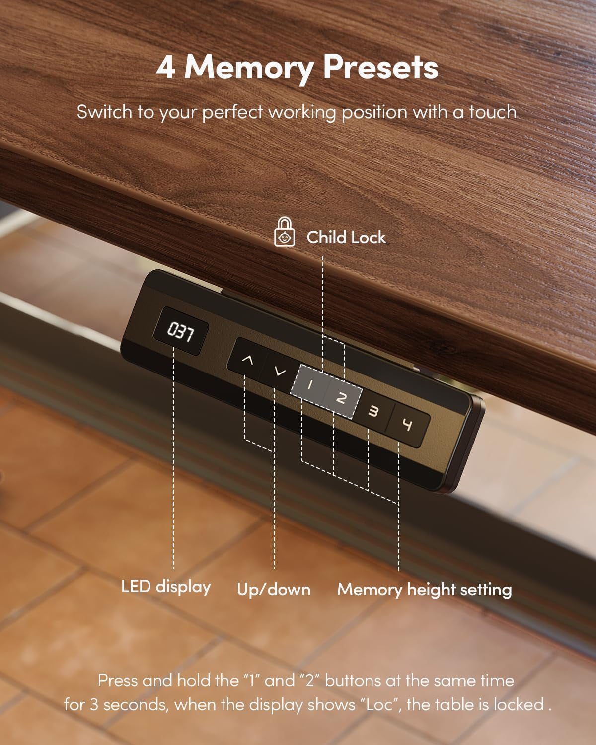 One-Piece Standing Desk Adjustable Height Stand up Home Office Desk, 48X24 Inch Electric Standing Computer Desk, with 4 Memory Presets, Headphone Hook, Light Rustic
