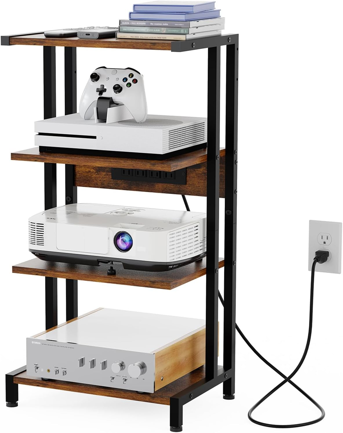 16.5" Game Console Shelf, Small 4-Tier Video Gaming Consoles Stand with Outlet, Narrow Stereo Cabinet AV Media Stand, Corner Audio Rack for Ps5,Xbox,Game Console,Tv Box,Wifi Router
