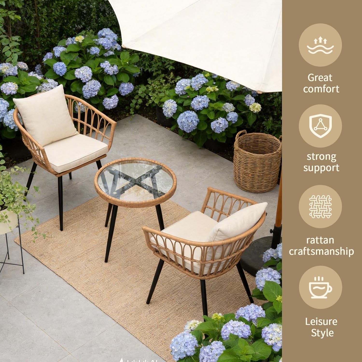 3-Piece Patio Dining Set, Featuring a round PE Rattan Table and 2 Chairs, Suitable for Bedrooms, Porches and Gardens All-Weather Furniture Set Includes Tempered Glass, Thick Cushions