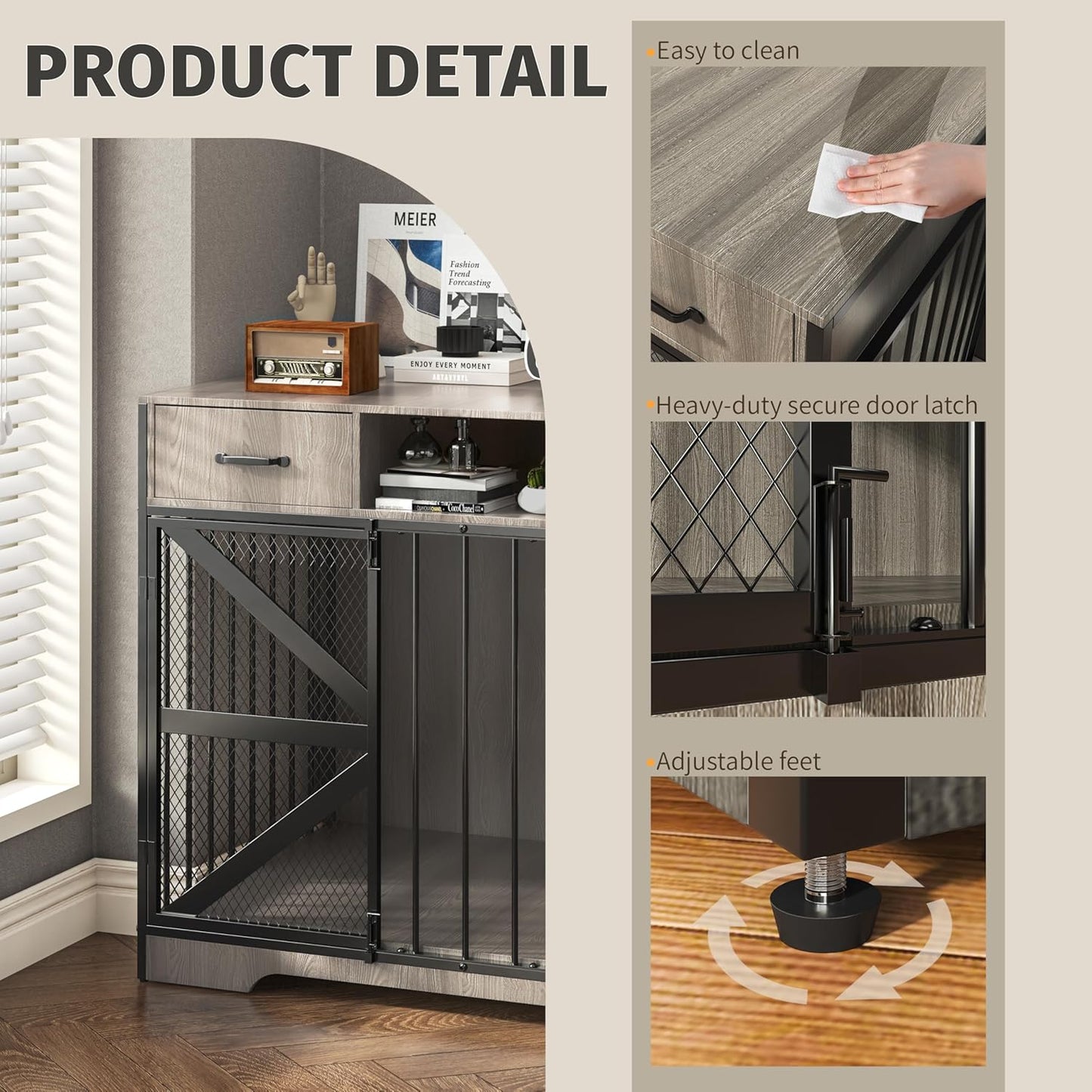 44" Large Dog Crate Furniture, Wooden Heavy Duty Dog Kennel TV Stand with 2 Drawers, Indoor Multi-Functional Decorative XL Furniture for Medium & Large Breeds, Grey