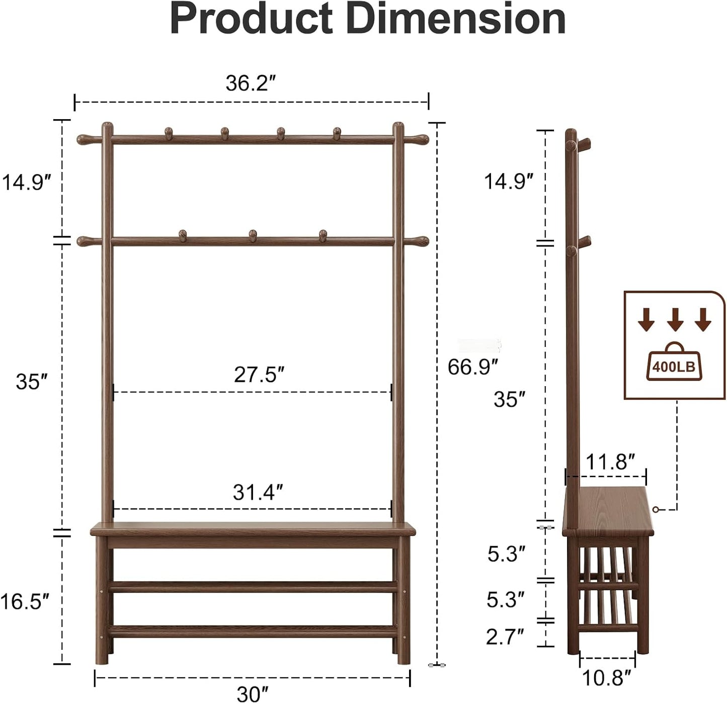 Coat Rack with Shoe Storage, Wooden Hall Tree with Bench, 11 Hooks and 2-Tier Storage Shelves, 3-In-1, Entryway Bench with Coat Rack (39.3"-Walnut)