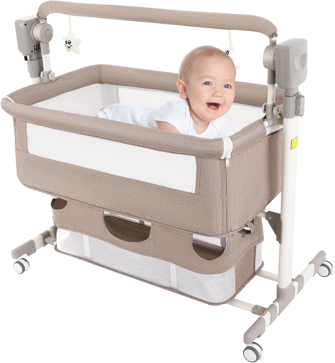 Smart Baby Bassinet Bedside Sleeper with Auto Rocking, 5 Swing Speeds & 3 Timer Settings, Bluetooth Music, Height Adjustable (18.1-19.7In), 44Lbs Capacity for Newborns 0-24 Months, Khaki