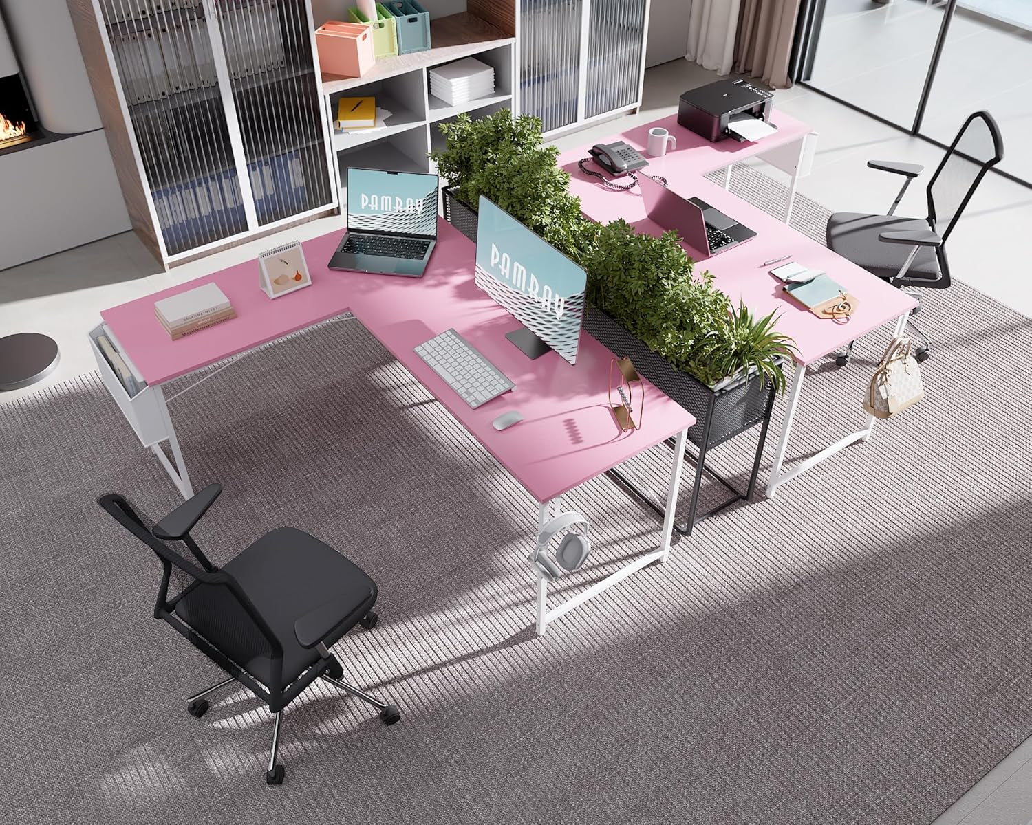 64.5 Inch Reversible L Shaped Gaming Desk Large Corner Computer Desk with Storage Bag Home Office Table for Writing Study Pink