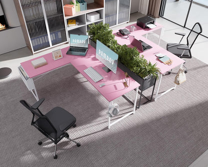 64.5 Inch Reversible L Shaped Gaming Desk Large Corner Computer Desk with Storage Bag Home Office Table for Writing Study Pink