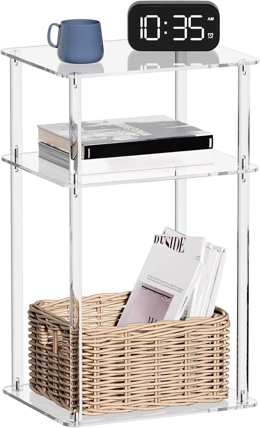 Acrylic Side Table for Small Spaces, 14" L X 11.5" W X 23.2" H, Nightstand/Bedside Table, Home Accent End Table for Living Room, Bedroom, 3 Tier, Clear