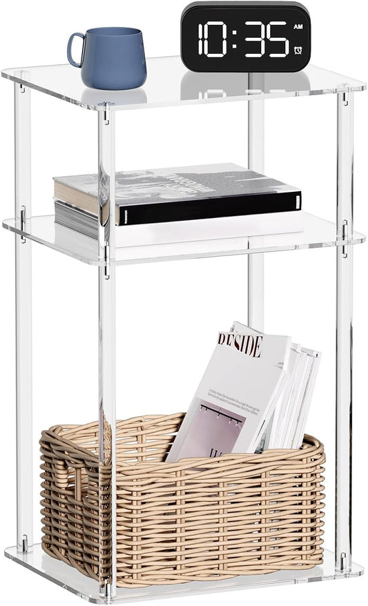 Acrylic Side Table for Small Spaces, 14" L X 11.5" W X 23.2" H, Nightstand/Bedside Table, Home Accent End Table for Living Room, Bedroom, 3 Tier, Clear