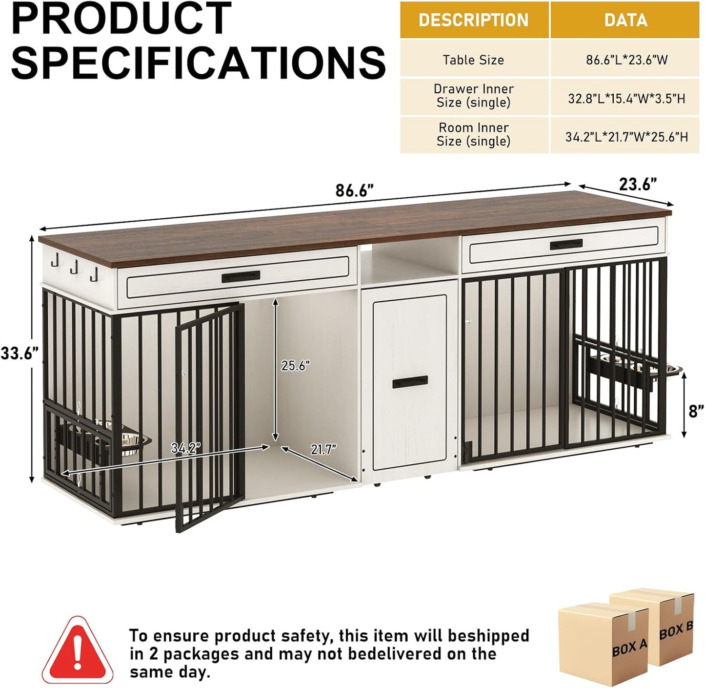 86.6" Dog Crate Furniture Large Breed TV Stand with Double Rooms, Wooden Dog Kennel Furniture with Dog Bowl, 2 Drawers and Cabinet for Large Medium Dogs, Antique White