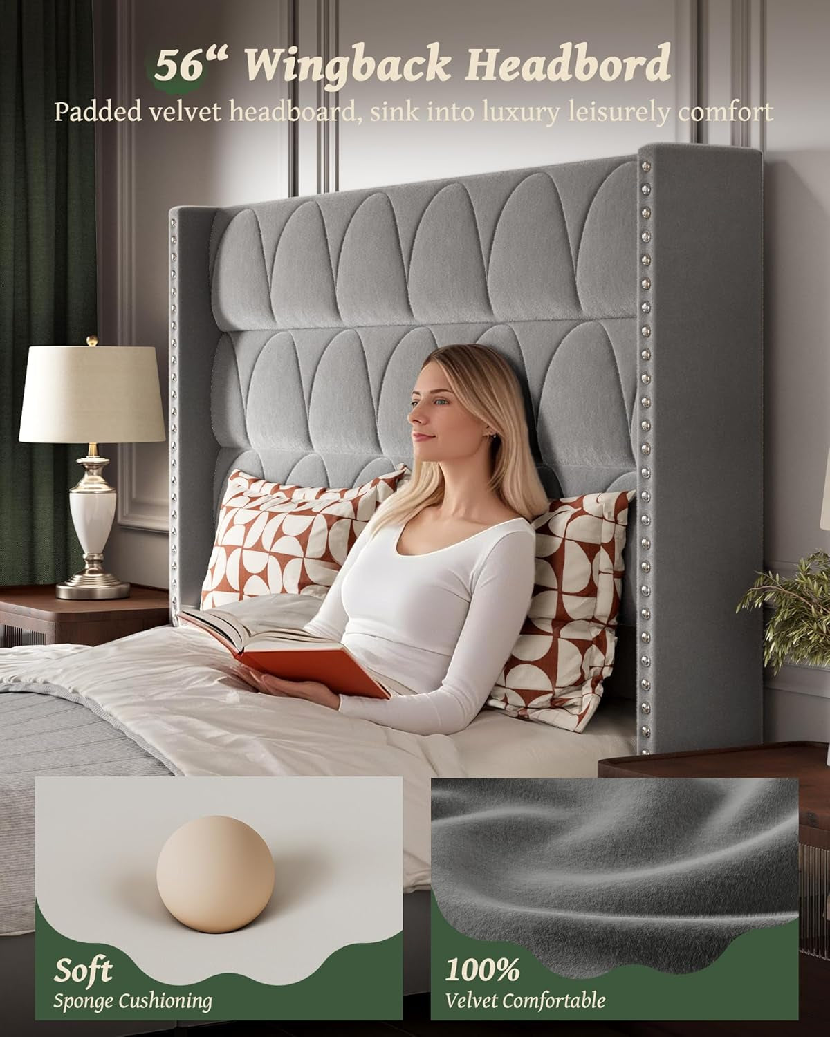 King Size Bed Frame with 56" Headboard - Velvet Upholstered Wingback Platform Bed Frame, Noise Free, Sturdy Wooden Slat Support (Deep Gray, King)