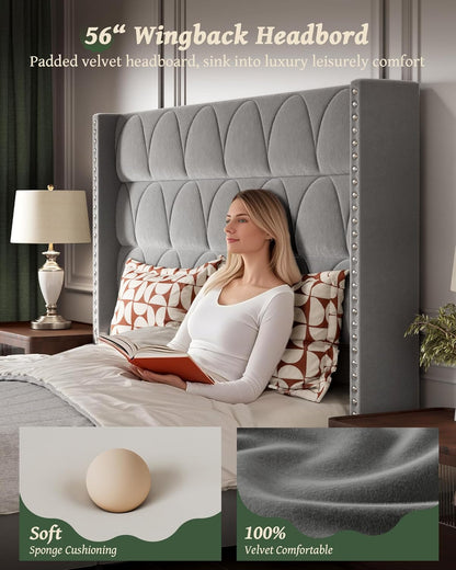 King Size Bed Frame with 56" Headboard - Velvet Upholstered Wingback Platform Bed Frame, Noise Free, Sturdy Wooden Slat Support (Deep Gray, King)