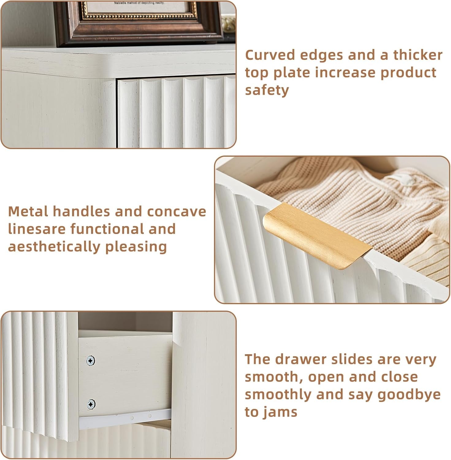 Fluted 6 Drawers Dresser, 48" Wide Modern Chest of Drawers with Wood Grain Top, Curved Profile Design, Dresser TV Stand, Wood Drawer Organizer for Bedroom, Living Room, Antique White