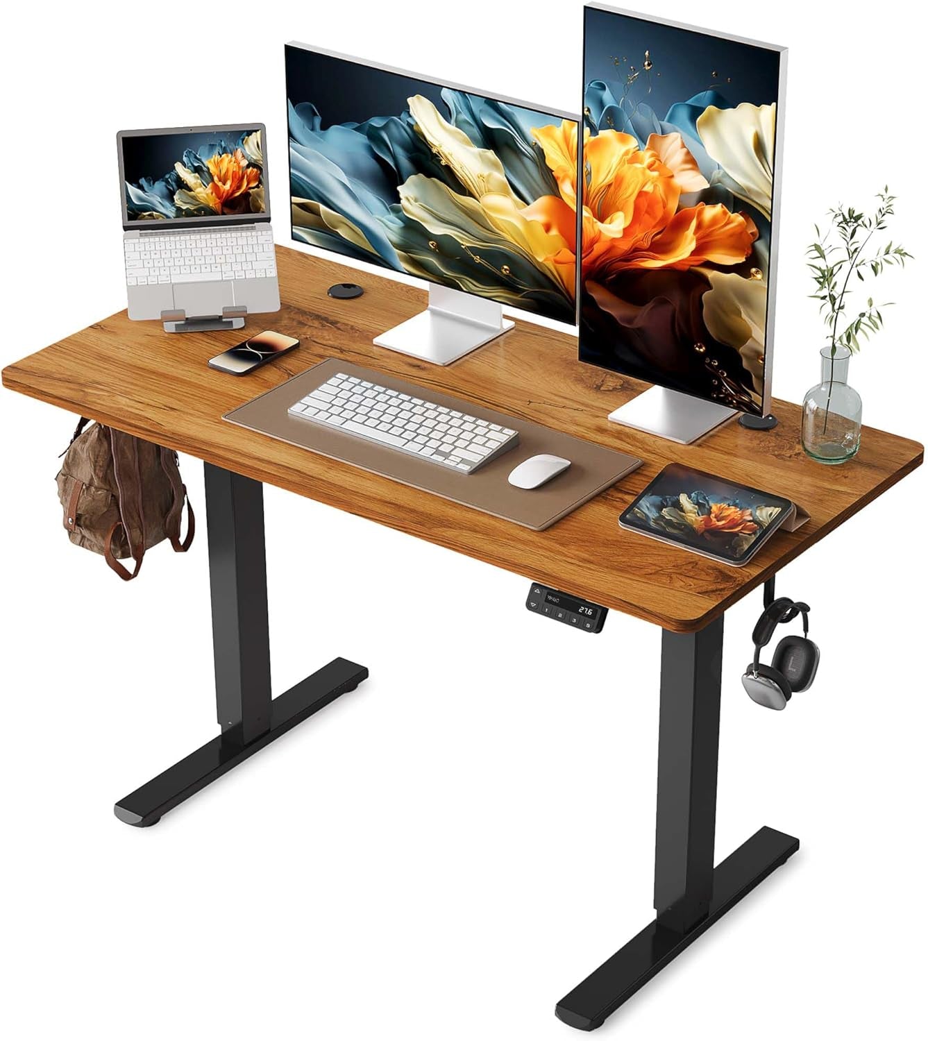Electric Standing Desk, 48 X 24 Inches Stand up Desk with Splice Board, Adjustable Height Desk, Computer Desk for Home Office, Black Frame/Rustic Brown Top
