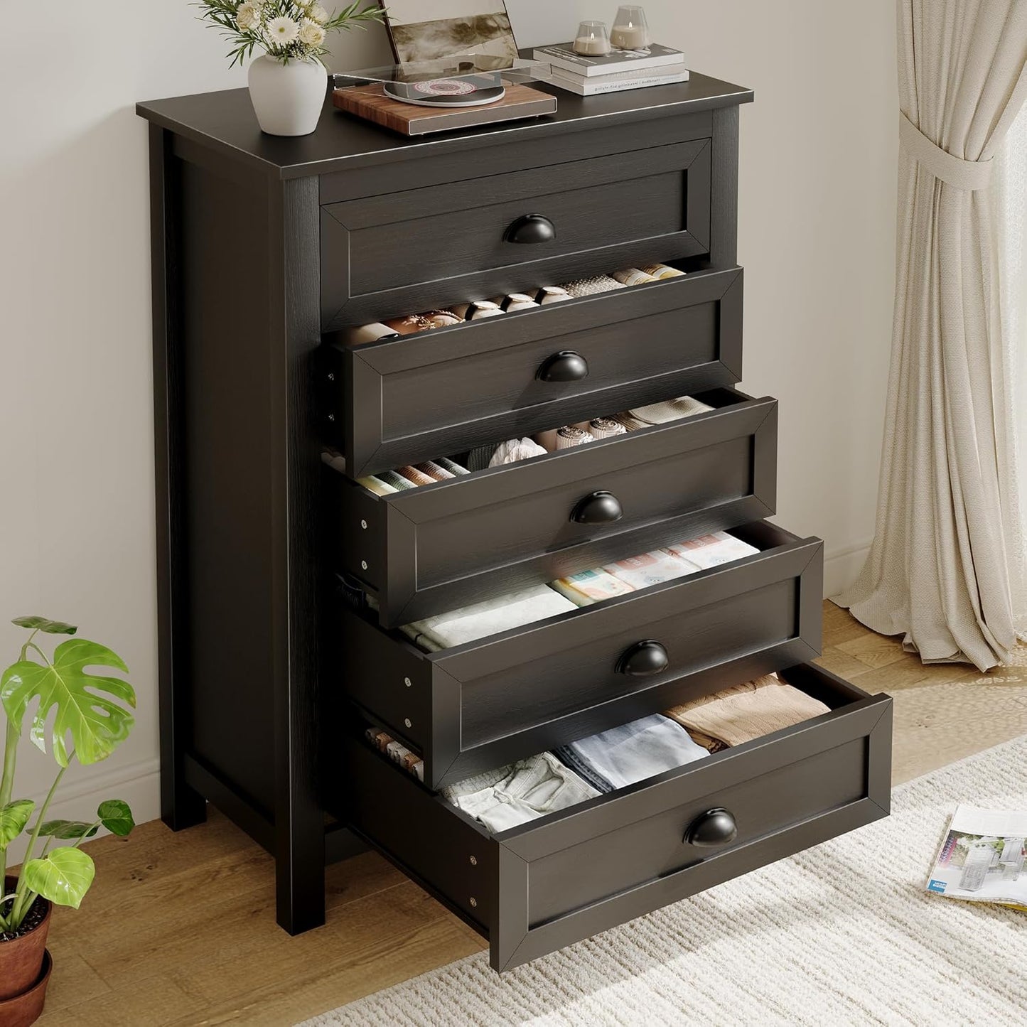 4-Piece Farmhouse Bedroom Dresser Set, 7 Drawer Double Dresser & 5 Drawer Tall Dressers & 2 Nightstands with 2 Drawers