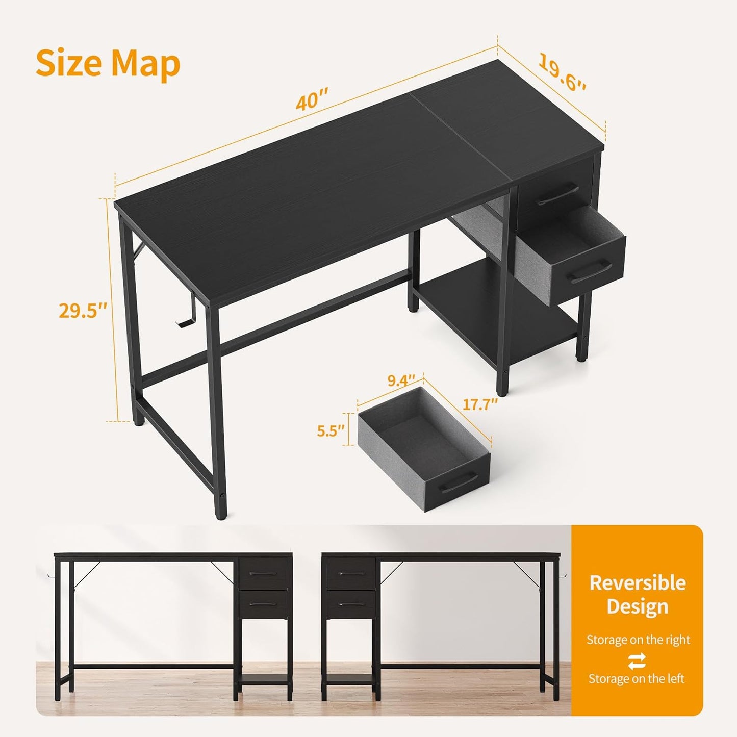 Computer Desk with 2 Drawers, 40 Inch Small Home Office Desk with Storage Study Writing Table, Modern Black