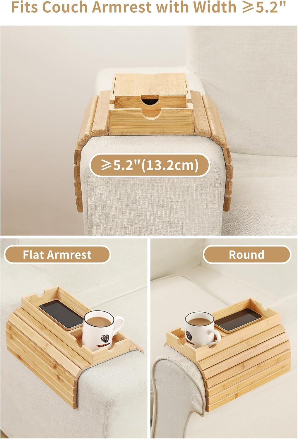 Sofa Arm Tray, Bamboo Large Couch Cup Holder with Hidden Storage, Sofa Armrest Tray Portable Anti-Spill Beverage Snack Remote Holder