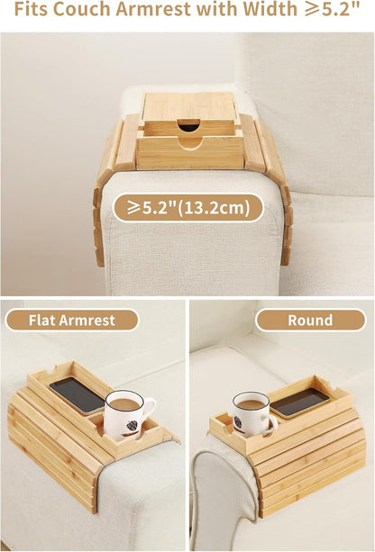 Sofa Arm Tray, Bamboo Large Couch Cup Holder with Hidden Storage, Sofa Armrest Tray Portable Anti-Spill Beverage Snack Remote Holder