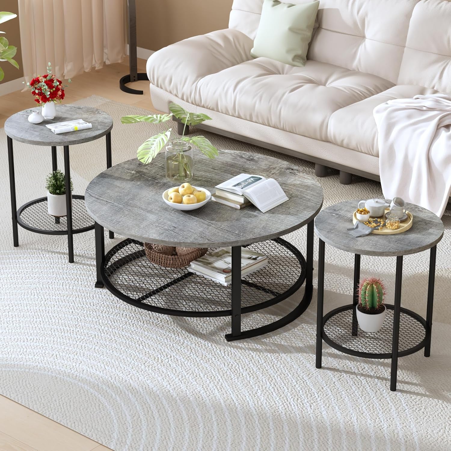 Living Room Coffee and End Table Sets, Wooden Modern Rustic Center Table with Two Side Tables, 3 Piece Living Room Coffee Table Set with Storage for Living Room, Apartment (Grey)