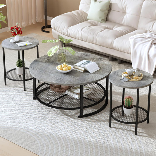 Living Room Coffee and End Table Sets, Wooden Modern Rustic Center Table with Two Side Tables, 3 Piece Living Room Coffee Table Set with Storage for Living Room, Apartment (Grey)
