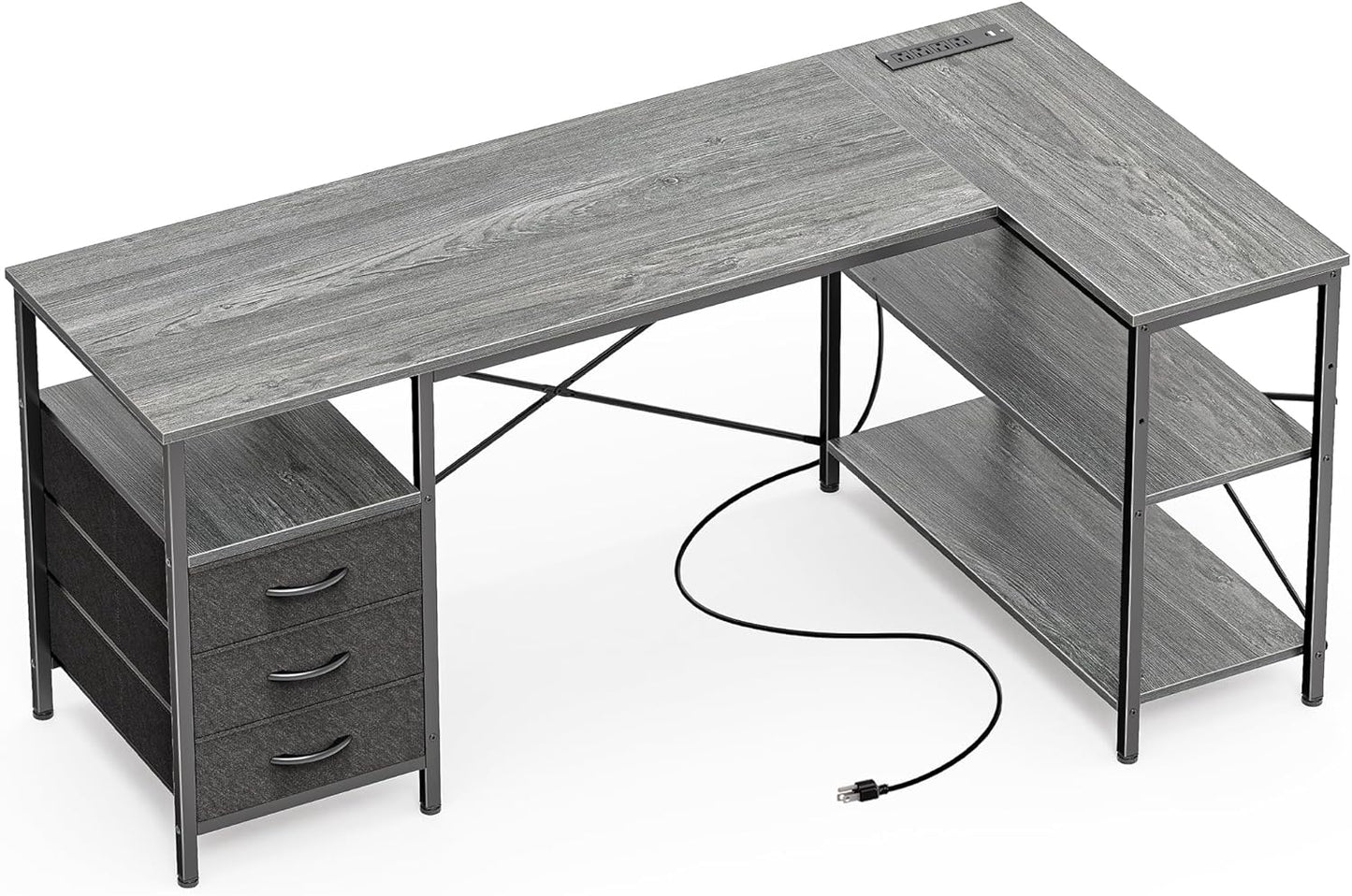 L Shaped Office Desk with Power Outlets, 55 Inch Computer Desk with 3 Drawers, Shelves, Reverisble for Gaming Corner Work Home Office Study, Grey