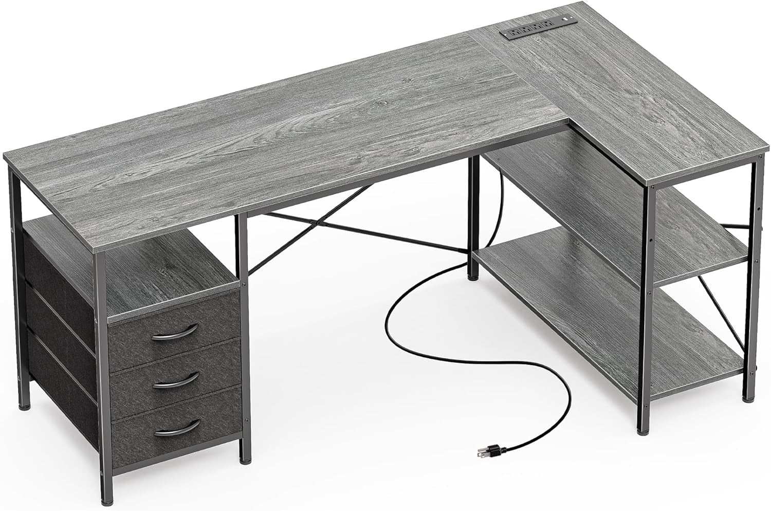 L Shaped Office Desk with Power Outlets, 55 Inch Computer Desk with 3 Drawers, Shelves, Reverisble for Gaming Corner Work Home Office Study, Grey