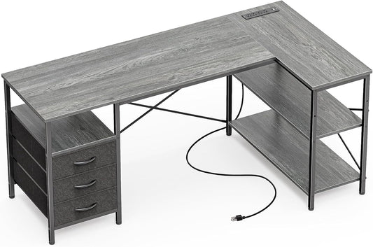 L Shaped Office Desk with Power Outlets, 55 Inch Computer Desk with 3 Drawers, Shelves, Reverisble for Gaming Corner Work Home Office Study, Grey