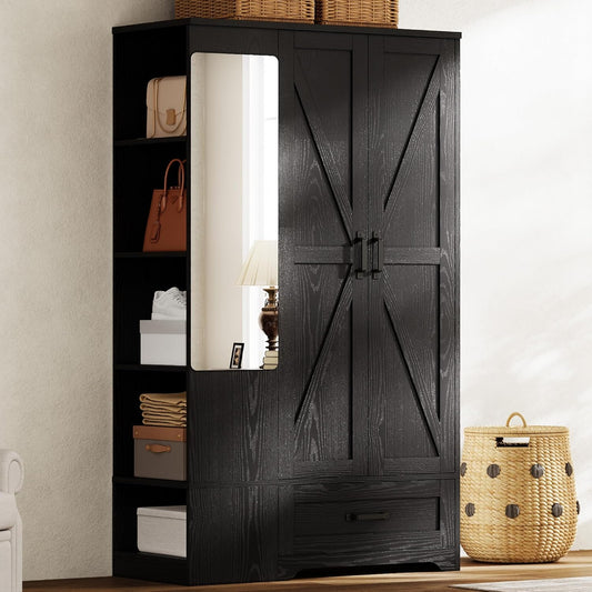Armoire Wardrobe Closet 70 Inches, Large Storage with Mirror, 2 Doors, Drawer, and Shelves, Modern Bedroom Freestanding Wooden Wardrobe Combination with Hanging Rail, Black