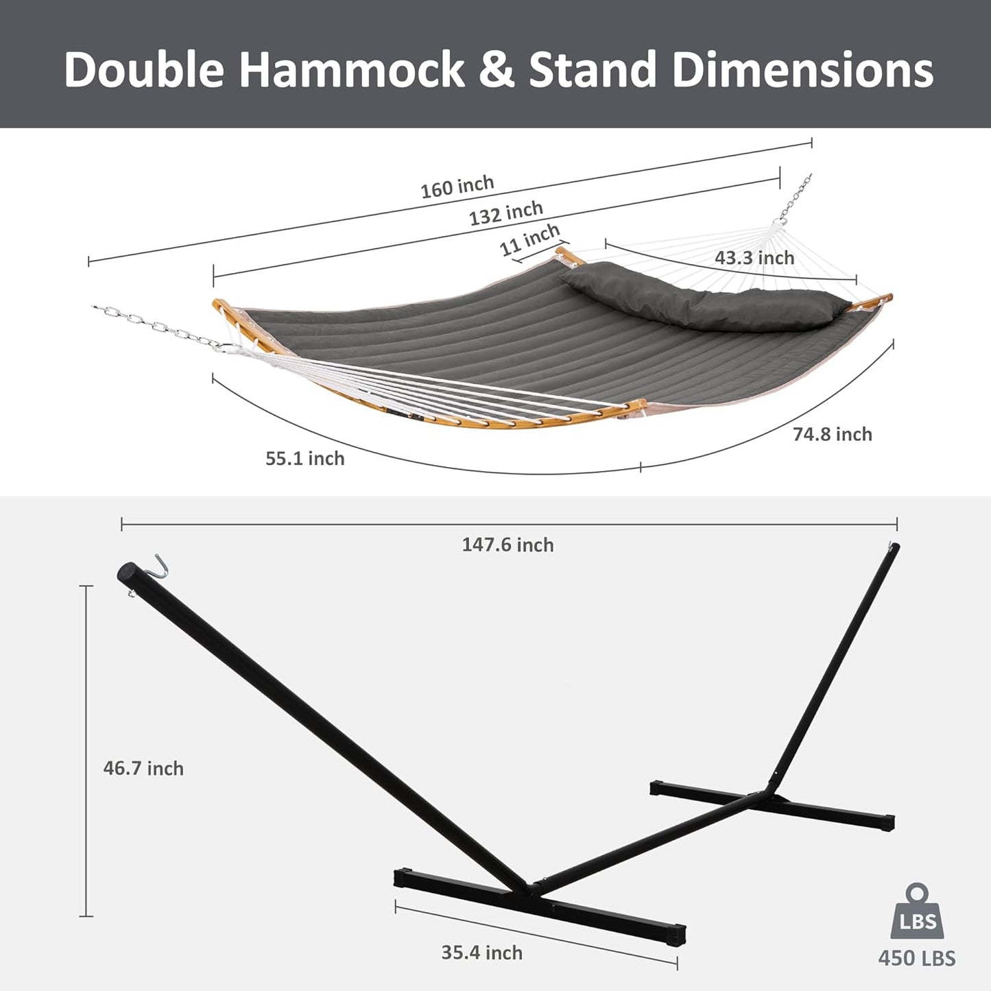 Double Portable Hammock with Stand, 2 Person Hammock with Curved Spreader Bar, Balance Ropes Included, Dark Gray